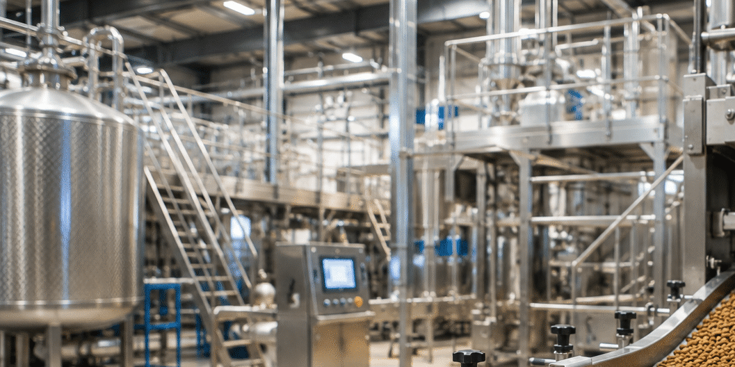 Modern industrial facility with stainless steel machinery, tanks, control panels, and a conveyor belt transporting pellet-like products, under bright overhead lighting—ideal for a pet food co-manufacturer dedicated to quality and efficiency.