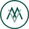 A dark green circle encloses two overlapping letter “M” shapes, one dark and one light green, forming a symmetrical, abstract MV logo on a light background.