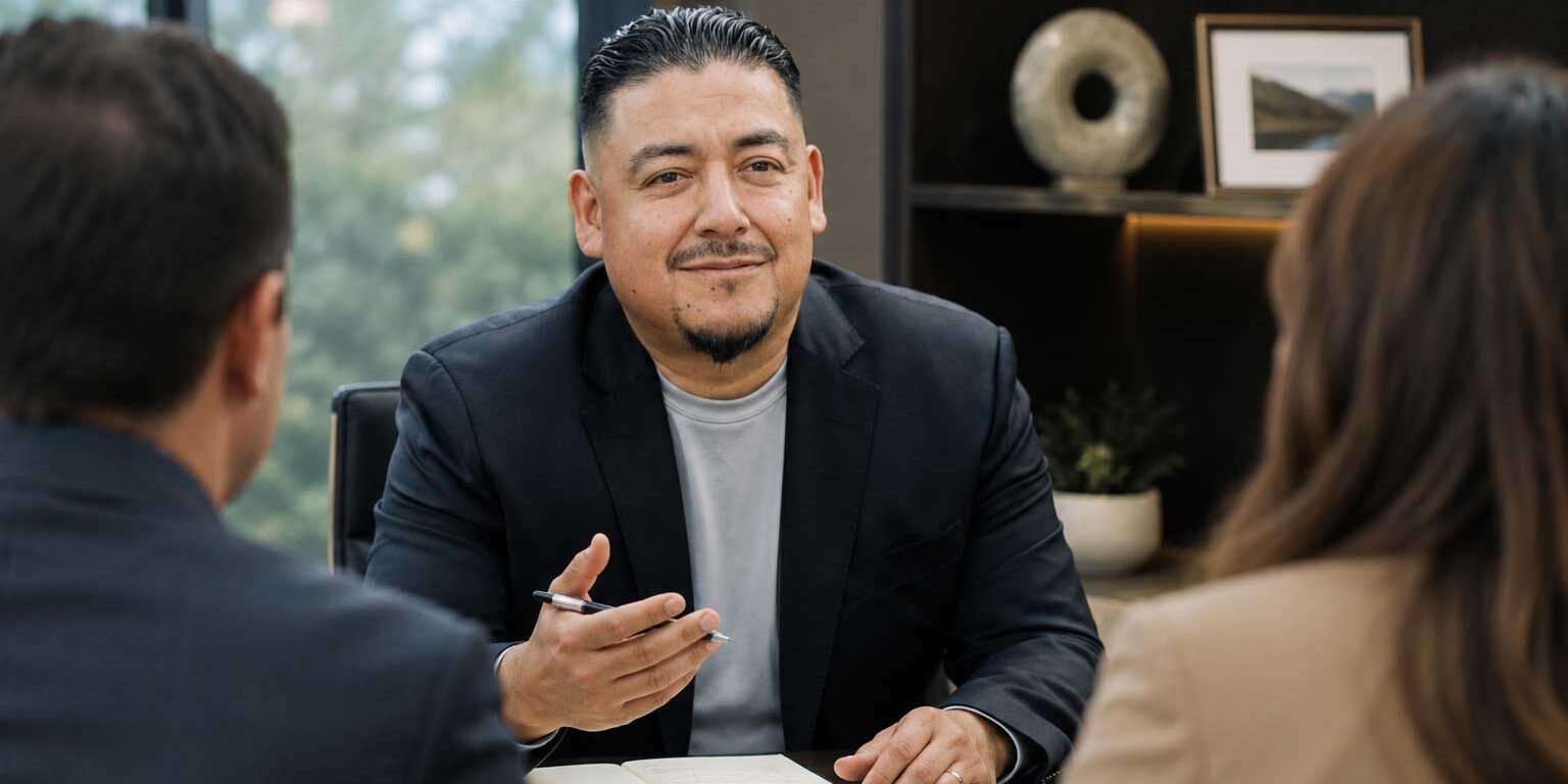 A man in a suit sits at a desk with an open notebook, discussing strategy as a fractional COO for pet food companies with two people across from him in an office setting.